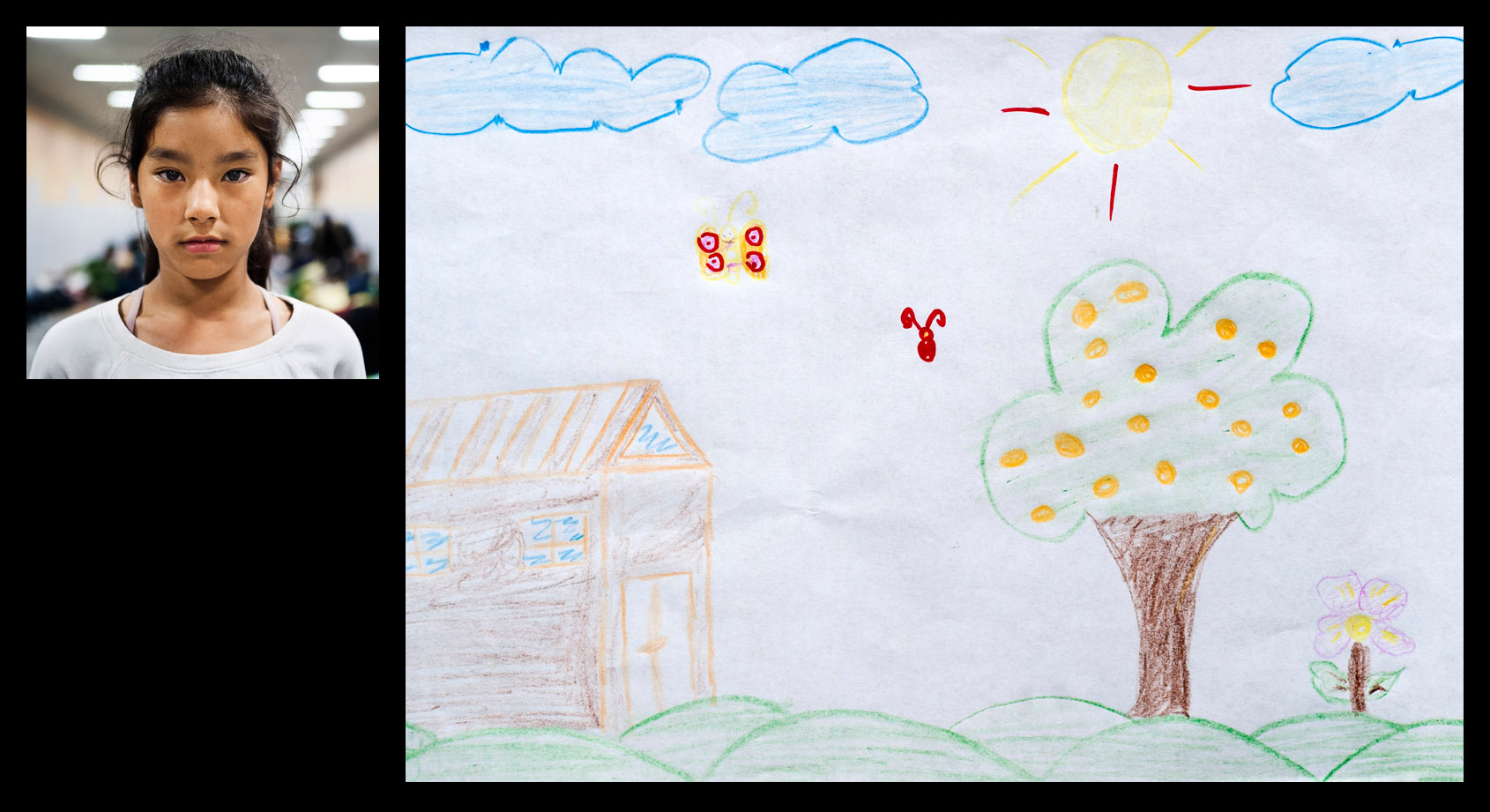 Hosiar, 5 éves, Szíriából. A rajz a szíriai hegyekről készült, a kisfiú almafát, autót és házat is rajzolt. 