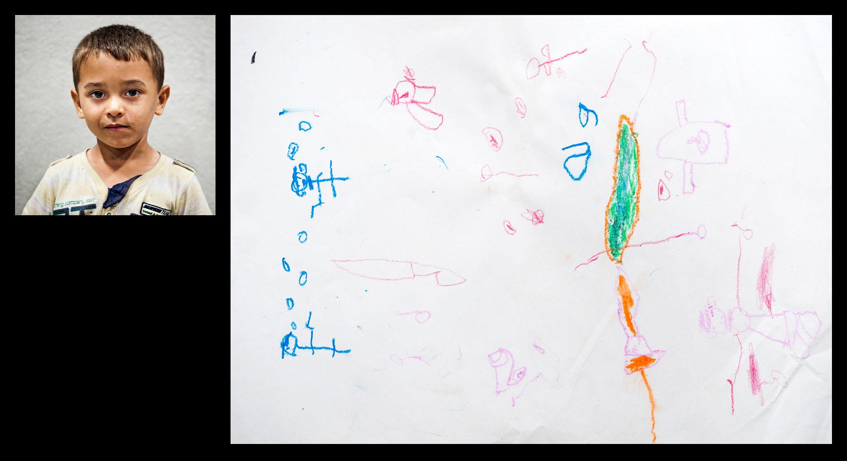Hosiar, 5 éves, Szíriából. A rajz a szíriai hegyekről készült, a kisfiú almafát, autót és házat is rajzolt. 