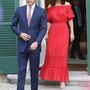 Vilmos herceg egy pirosas árnyalatú nyakkendővel egészítette ki a hercegné ejtett vállú Alexander McQueen ruháját a brit nagykövet berlini rezidenciáján idén júliusban.