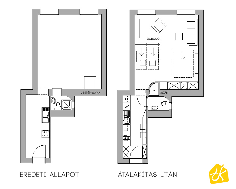 A lakás alaprajza átalakítás előtt és utána.