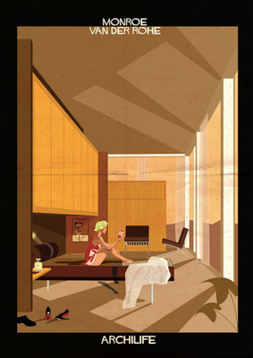 Alfred Hitchcock egy Le Corbusier által tervezett fürdőszobában borotválkozik.