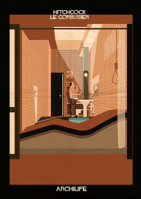 Alfred Hitchcock egy Le Corbusier által tervezett fürdőszobában borotválkozik.