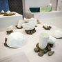 Lakatos Ábel Polyunomi készlete a japán ivóedények, és a mostanában igen kedvelt geometrikus formák kettősségéből született meg. A mázatlan porcelán készlet egyes darabjai tizenezer forintnál kezdődnek. 