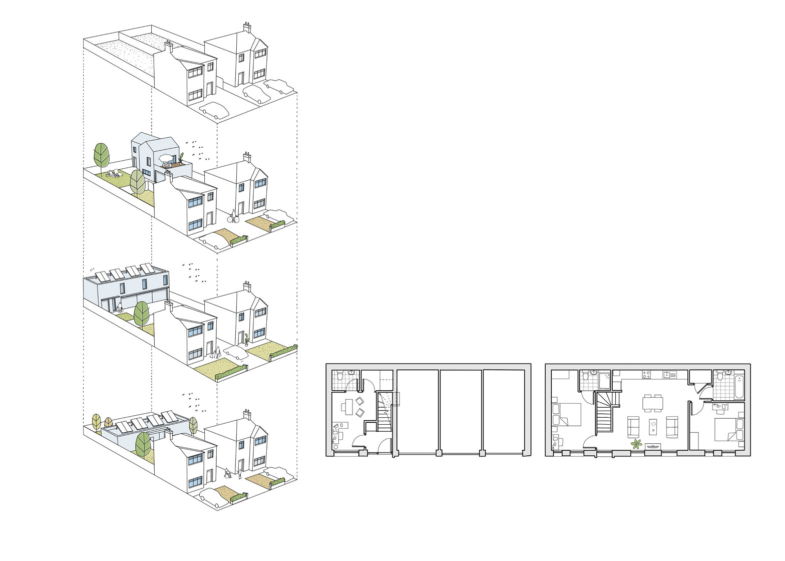 Így lehetne bepréselni még egy-két házat a külvárosi ikerházak közé a HTA Design tervezői szerint.