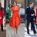 A piros ruhák is jól állnak a hercegnéknek: Katalin Alexander McQueenben 2014. februárjában, Mária egy korallpiros verzióban 2012 augusztusában egy koppenhágai múzeumlátogatáson és ismét Katalin még 2011 nyarán egy kanadai turnén.