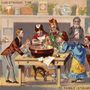 Szerencsét hozó karácsonyi pudingot készítő viktoriánus család egy 1871-1872-es karácsonyi üdvözlő lapon.

